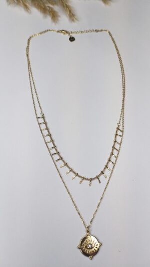 Colgante efecto doble con detalle ojo en color dorado