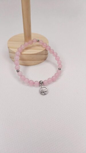 Pulsera cuarzo rosa con detalla árbol de la vida